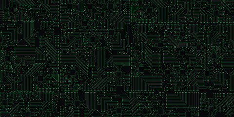 Technology circuit board Green lines and dots on black background.