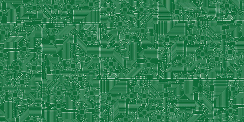 Obraz premium Technology circuit board white lines and dots on green background.