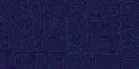 Technology circuit board Green lines and dots on dark blue background. Vector illustration.