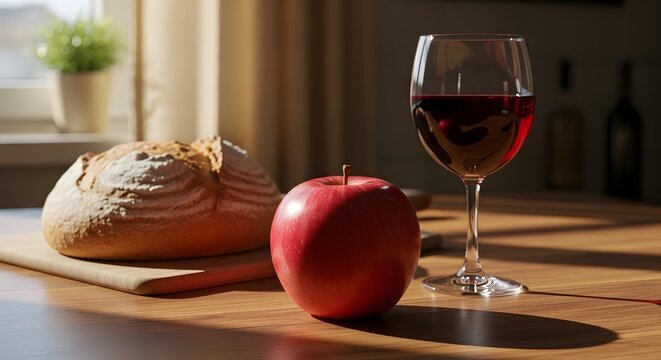 Still life composition featuring bread apple and wine on a wooden table