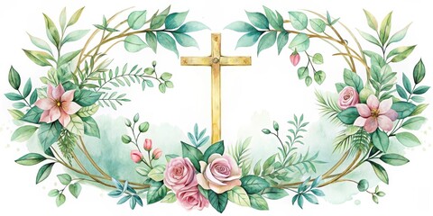 Elegant Floral Cross Wreath Design with Delicate Pink Roses and Lush Greenery