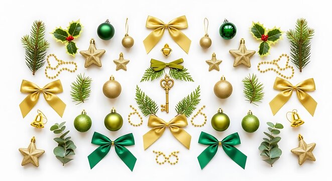 A festive arrangement of Christmas ornaments, including golden stars, green and gold bows, pine sprigs, and a vintage key, laid out symmetrically on a white background.