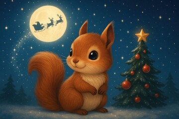 Whimsical squirrel under starry sky background