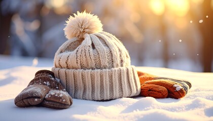 Winter Warmth - Hat and Gloves in Snowy Sunlight.