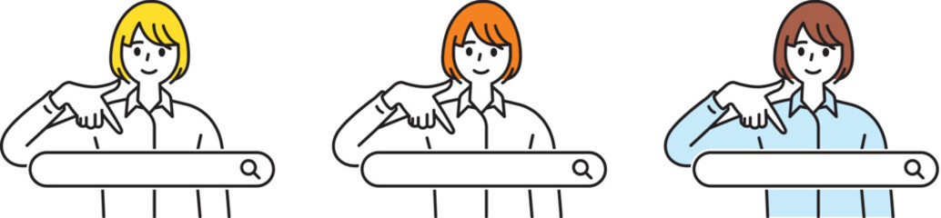 ネット検索へ誘導する若い女性のイラストセット