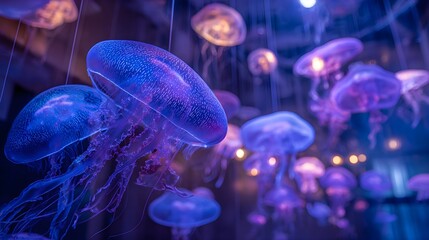 Mesmerizing jellyfish gracefully float in a vibrant blue aquarium illuminated by soft ethereal lighting creating a calming and otherworldly atmosphere