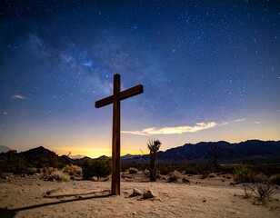Nighttime desert scene with a wooden cross and starry sky