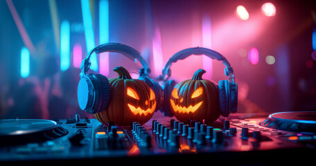 Spooky Halloween party pumpkin DJ with carved glowing face wearing headphones in nightclub lights