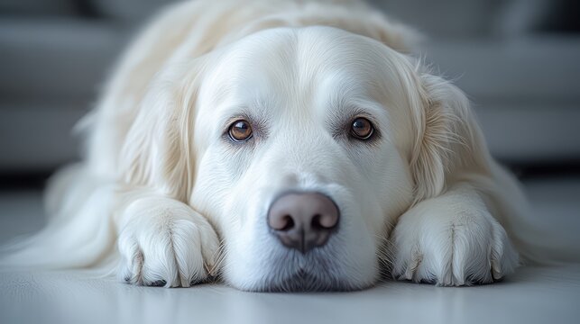 Close-up of a serene golden retriever lying down, looking directly at the camera. - Powered by Adobe