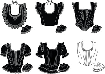 Victorian corset illustration, fantasy bodice sketch, gothic fashion design, lace trim details, puffed sleeves, historical costume template, embroidery concept