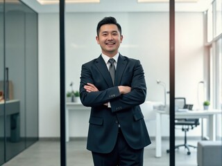 Photorealistic image of a professional man standing confidently in a modern minimalist office with bright natural lighting, neutral tones, and realistic corporate photography style
