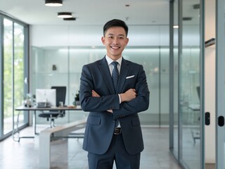 Photorealistic image of a professional man standing confidently in a modern minimalist office with bright natural lighting, neutral tones, and realistic corporate photography style
