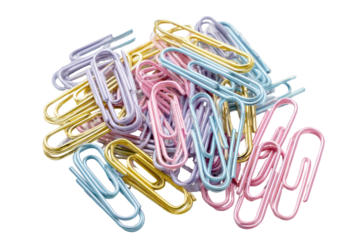 Pastel-colored paperclips clustered together