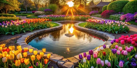 Fototapeta premium Serene Sunset Garden with Colorful Tulips Blooming Around a Reflective Pond