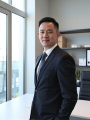 Photorealistic image of a professional man standing confidently in a modern minimalist office with bright natural lighting, neutral tones, and realistic corporate photography style
