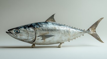 Naklejka premium Close-up of a single, silvery fish with dark stripes, displayed on a white background.