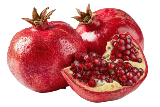Two ripe pomegranates, one whole and one sectioned