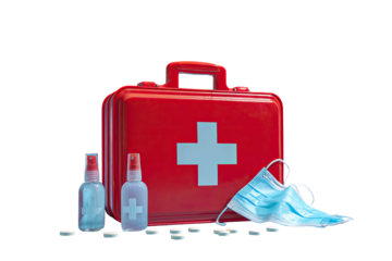 Red first aid kit with sanitizer, mask, and pills