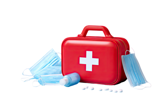 Red first-aid kit with masks and hand sanitizer
