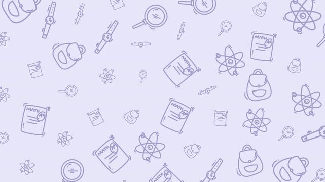 Playful seamless doodle pattern with scientific elements such as lab flasks, atoms, and microscopes in line art on soft background. Ideal for school materials and fabric prints