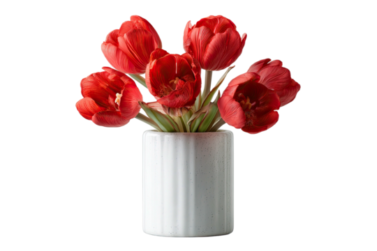 Red tulips in a white cylinder vase