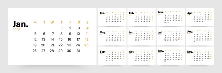 2026 Calendar - vector illustration. Week starts on Monday. Calendar Set for 2026 year. Calendar 2026 week start Monday corporate design template vector. Desk calendar 2026.