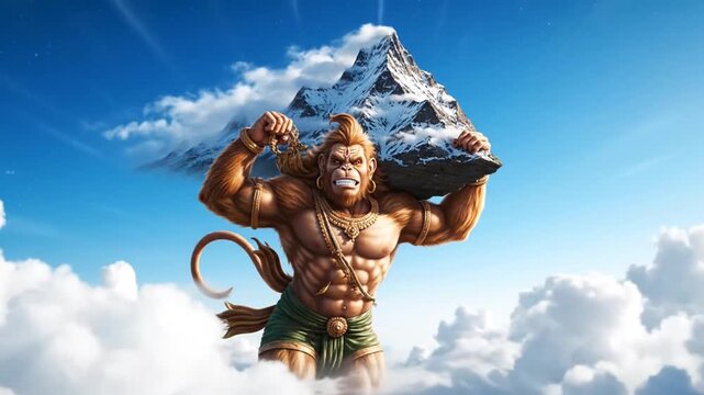 mighty hanuman carrying mountain in sky