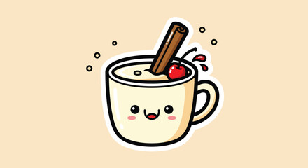 Cute cartoon cup of eggnog smiles sweetly with a cinnamon stick and cherry garnish on a light beige surface, radiating holiday cheer and warmth.
