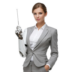 Businesswoman with Prosthetic Arm Giving Presentation with Pointer, Isolated on Transparent Background, Empowered Professional Leadership Concept