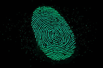 Glowing teal fingerprint scan on black background, digital security concept for identity verification, data protection, and cybersecurity applications.