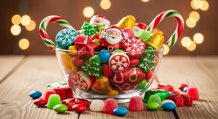 A clear glass bowl overflowing with a colorful assortment of Christmas candies and treats, including candy canes, Santa figures, and festive-shaped sweets, set against a bokeh background of warm 