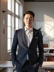 Photorealistic portrait of a man in a modern office with soft daylight and minimalist decor, confident and approachable expression, professional business photography style
