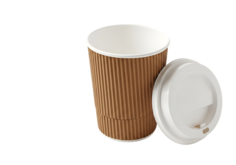 Brown corrugated paper coffee cup with white lid isolated on transparent background