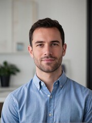 Photorealistic portrait of a man in a modern office with soft daylight and minimalist decor, confident and approachable expression, professional business photography style
