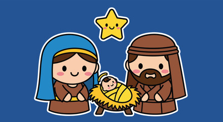 Cartoon nativity scene depicting mary, joseph, and baby jesus in a manger under a shining star, conveying the christmas story with a joyful and peaceful mood.