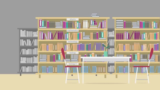 Flat Design Library Interior With Bookshelves Labeled Physics Mathematics Biology Technology