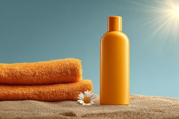 Orange sun lotion bottle and towels on sand with a daisy bright sun rays
