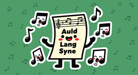 Cartoon sheet music character cheerfully presents the song Auld Lang Syne surrounded by musical notes on a green backdrop, evoking a festive and joyful mood.