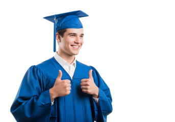 A smiling young man wearing a blue graduation gown and cap, giving a double thumbs up gesture, celebrating academic achievement, isolated on transparent background