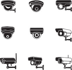 Security camera set vector illustration with dome, bullet, and surveillance designs for safety themes