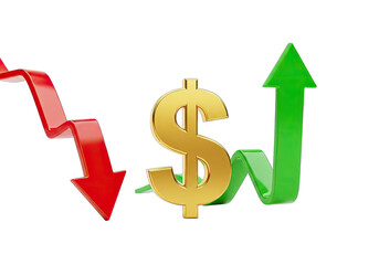 Golden Dollar Symbol with Rising Green Arrow and Falling Red Arrow on Black