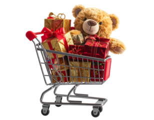Christmas Gift Cart with Toys and Shiny Presents transparent background.