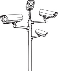 Black and white vector illustration of multi-angle surveillance camera system mounted on tall security pole
