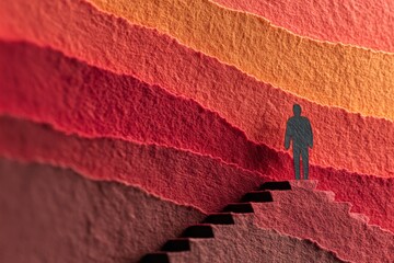 Silhouette of a person standing on a paper staircase with layered textured red and orange tones