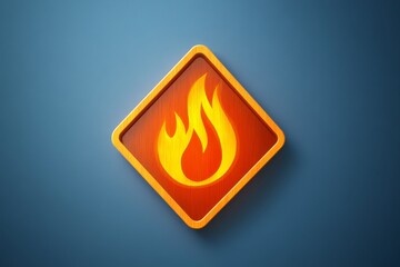 Warning symbol featuring a stylized flame icon on a textured orange rhombus against a blue background