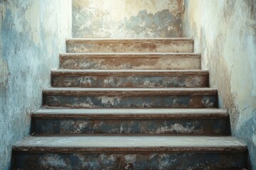 Old concrete stairs with peeling paint and textured walls ascending upwards