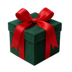 Elegant Christmas Gift Box Wrapped in Green Velvet with Red Satin Ribbon and Soft Shadow, Isolated on Transparent Background