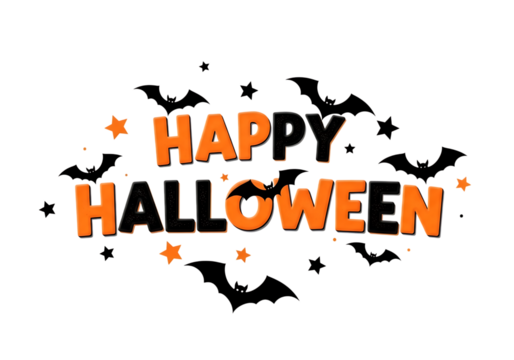 Happy halloween text with flying bats and stars, isolated on a transparent background, perfect for holiday invitations, decorations, and spooky celebrations