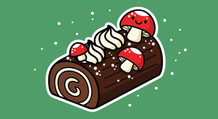 Festive chocolate yule log cake decorated with whipped cream and red mushrooms sits on green surface with snowflakes, creating a cheerful holiday mood.