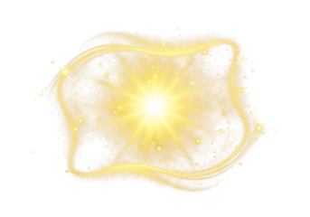 A glowing yellow abstract shape with light streaks and particles, isolated on transparent background
